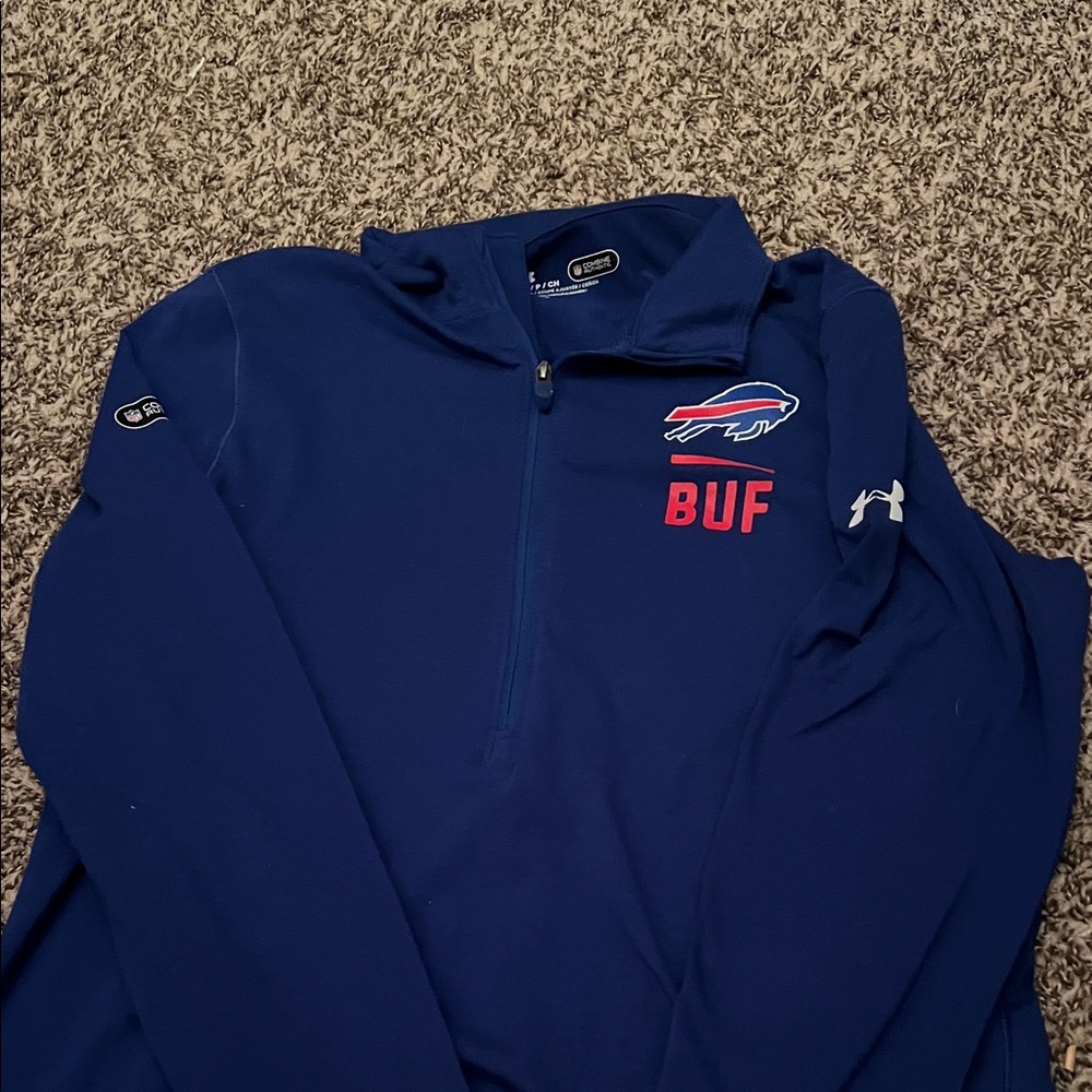 Women’s blue quarter-zip under armour pullover with BUF Logo